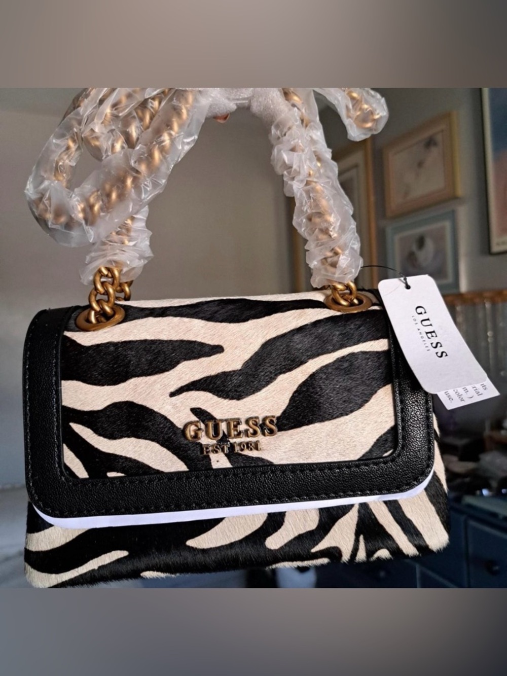 GUESS Zebra-Print Chain Shoulder Bag in Black & Cream with Gold Hardware